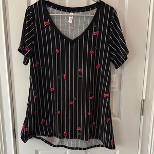 Large Women’s Black & White Striped with Cherries V-Neck Top